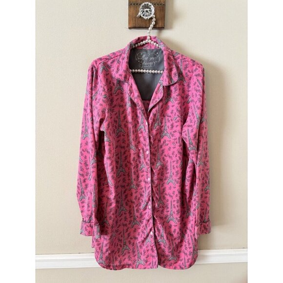 Mudpie Follow Your Dreams Womens Size L Sleep Shirt Pink Eiffel Tower Long Sleev - Picture 1 of 4